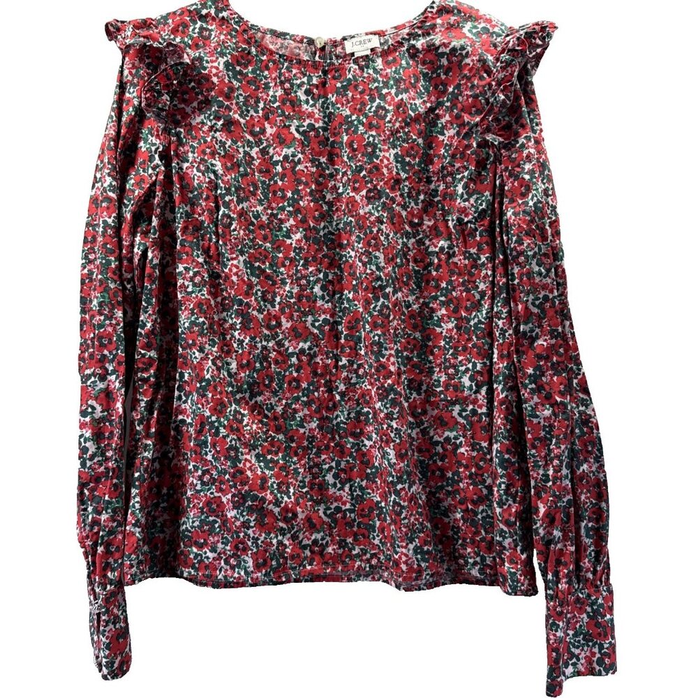 J Crew Women's Blouse Large Red Green Holiday Ruffle Floral Long Sleeve Prairie